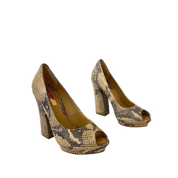 BCBGMaxAzria Dahlia Snake Print Peep Toe Heels 6 Block Heel Leather - Picture 1 of 8